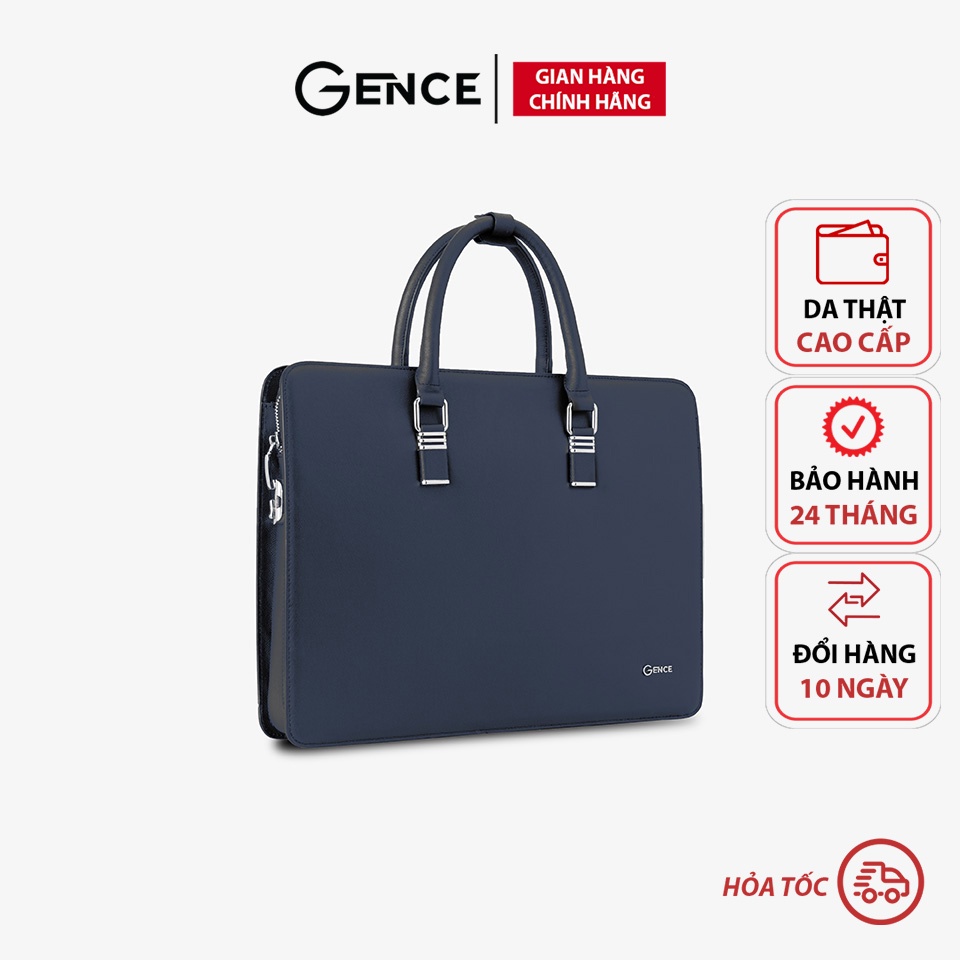 Cặp da nam công sở cao cấp khóa số bên hông chính hãng Gence da bò Taiga màu xanh lịch lãm CGL07