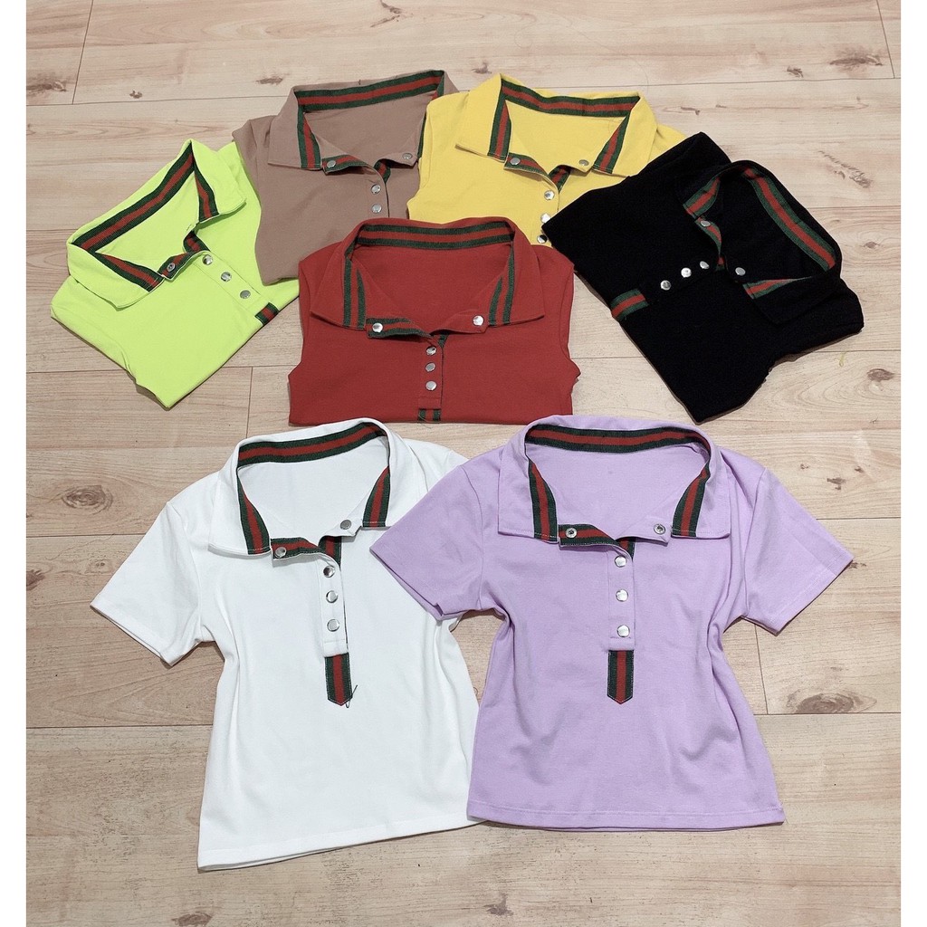 áo croptop cổ bẻ phối màu đen đỏ đính nút, chất bozip mềm, áo kiểu nữ