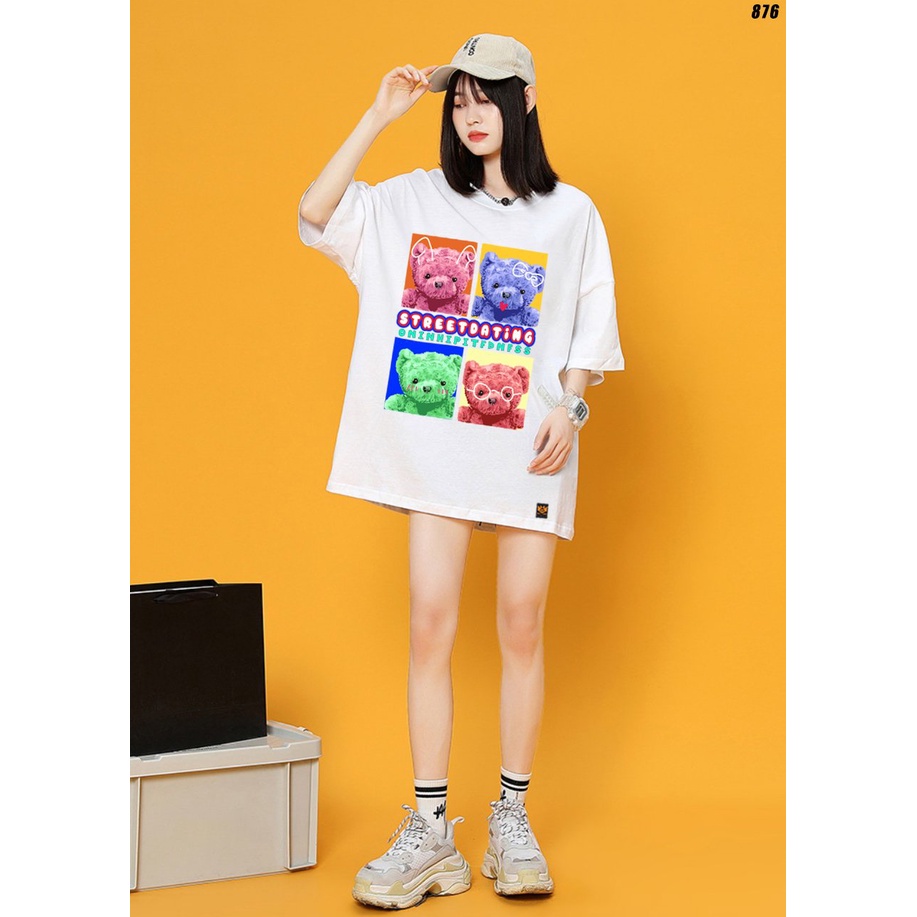 Áo thun unisex tay lỡ Bốn con gấu 876 HY KOREA form rộng dành cho nam nữ