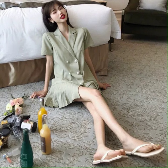 [ORDER] VÁY / ĐẦM CÀI CÚC HAI HÀNG ULZZANG MÀU XANH, ĐEN