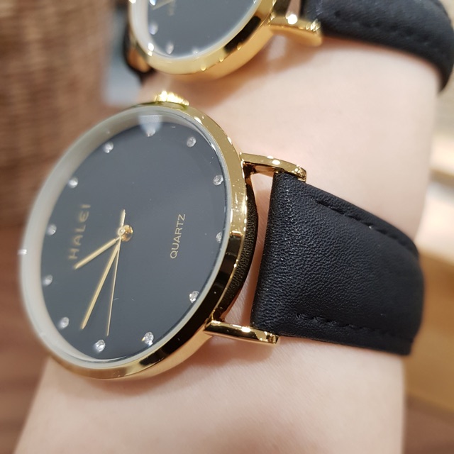Đồng hồ đôi nam nữ Halei dây da đen mặt ngọc chính hãng Tony Watch 68 | BigBuy360 - bigbuy360.vn