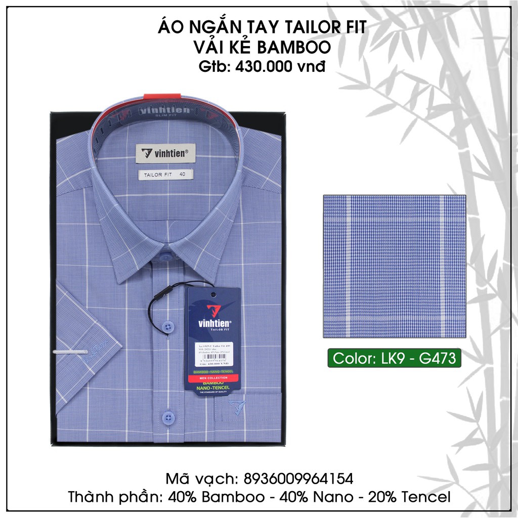 Áo Sơ Mi Nam Tay Ngắn Sọc Caro Bamboo Vĩnh Tiến Form Tailor Fit Vạt Ngang 430 - G473