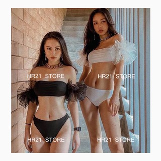𝗛𝗥𝟮𝟭 Bikini 2 Mảnh [Vải Bơi Hàn Quốc] Trễ Vai, Bèo Tay Siêu Mềm Mại Phong Cách Quý Phái- Màu Đen|Trắng