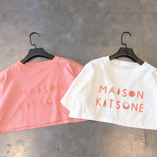 Áo Croptop Tay Lỡ MAISON KITSONE Unisex (Trắng/Hồng)