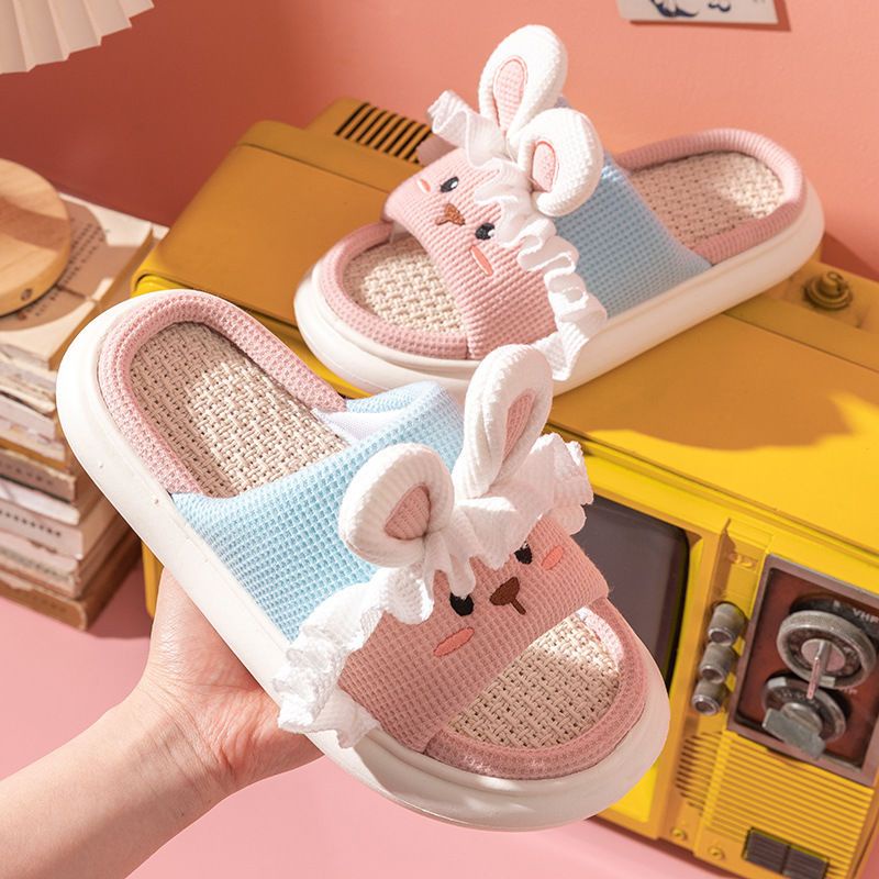 Dép quai ngang vải lanh chống trượt thấm hút mồ hôi họa tiết hoạt hình dễ thương dùng được bốn mùa 2022 dành cho nữ