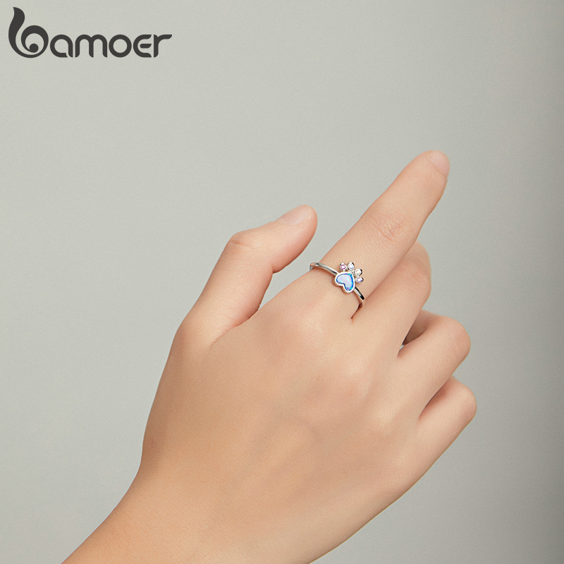 Nhẫn Bamoer BSR172 bằng bạc 925 100% mạ platinum đính khối zircon đầy màu sắc điều chỉnh được kích thước hợp thời trang