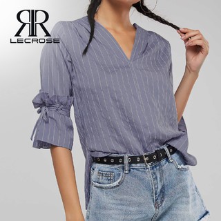 LecRose Áo voan của phụ nữ Áo sơ mi thường Áo sơ mi sọc nữ, Màu xanh/đen Chiffon Blouses Casual Shirt Women's Tops Korean Female Striped Shirts V-neck Flare Sleeve Blouses Women Office Plus Size Tops
