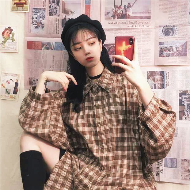 A011 Áo sơ mi kẻ caro oversize nam nữ vintage dài tay ulzzang, áo khoác chống nắng cỡ rộng tay phồng phong cách Hàn Quốc