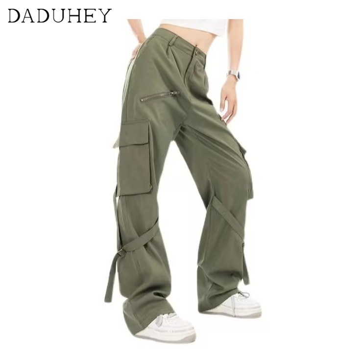 DaDuHey Men's and Women's Fashionable Solid Color Multi-Pocket Cargo Pants Loose Street All-Matching Retro Casual Pants