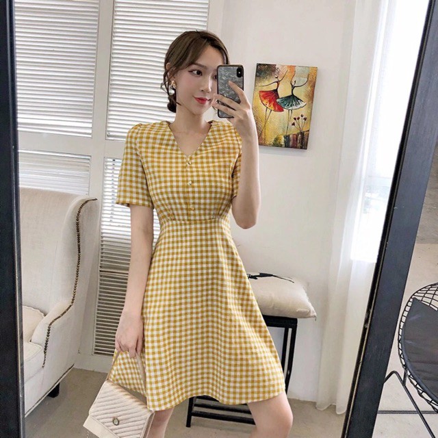 Hàng order_ Đầm ulzzang/Váy midi cổ v tay ngắn kẻ sọc (có ảnh thật)