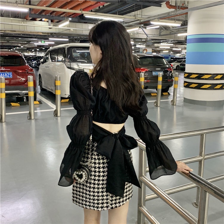 Áo kiểu COZOKC tay dài phối nơ thiết kế quyến rũ hợp thời trang