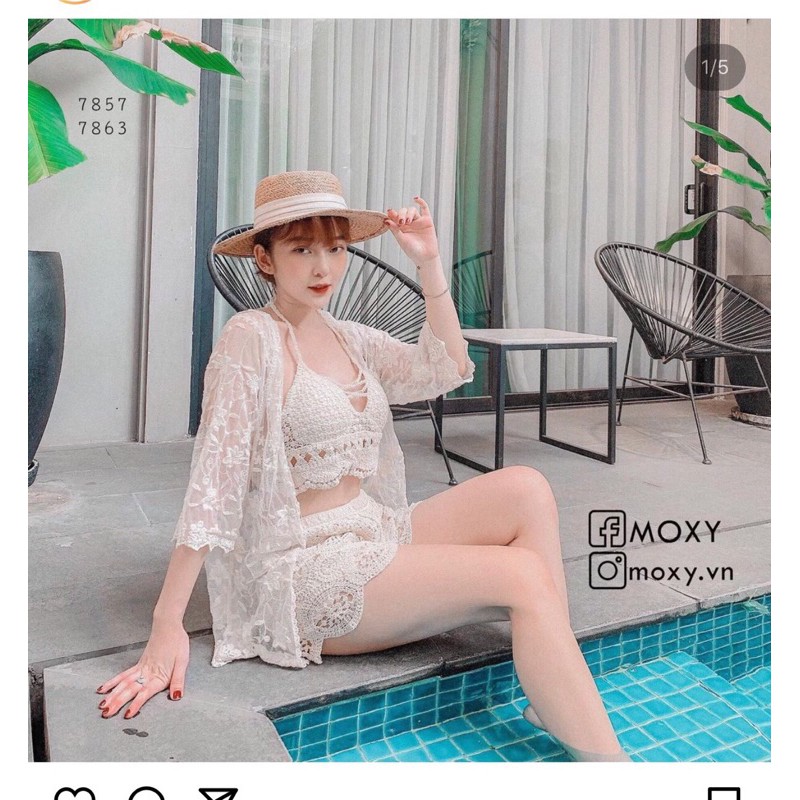 set biển - set 3 món - áo bra dây chéo ngực + quần ren hoa tròn + choàng ren hoa nhỏ (có tách rời)