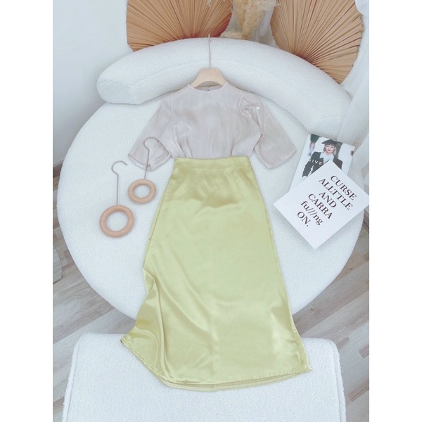 SET LỤA ÁO TAY LỠ + CVAY MIDI XANH