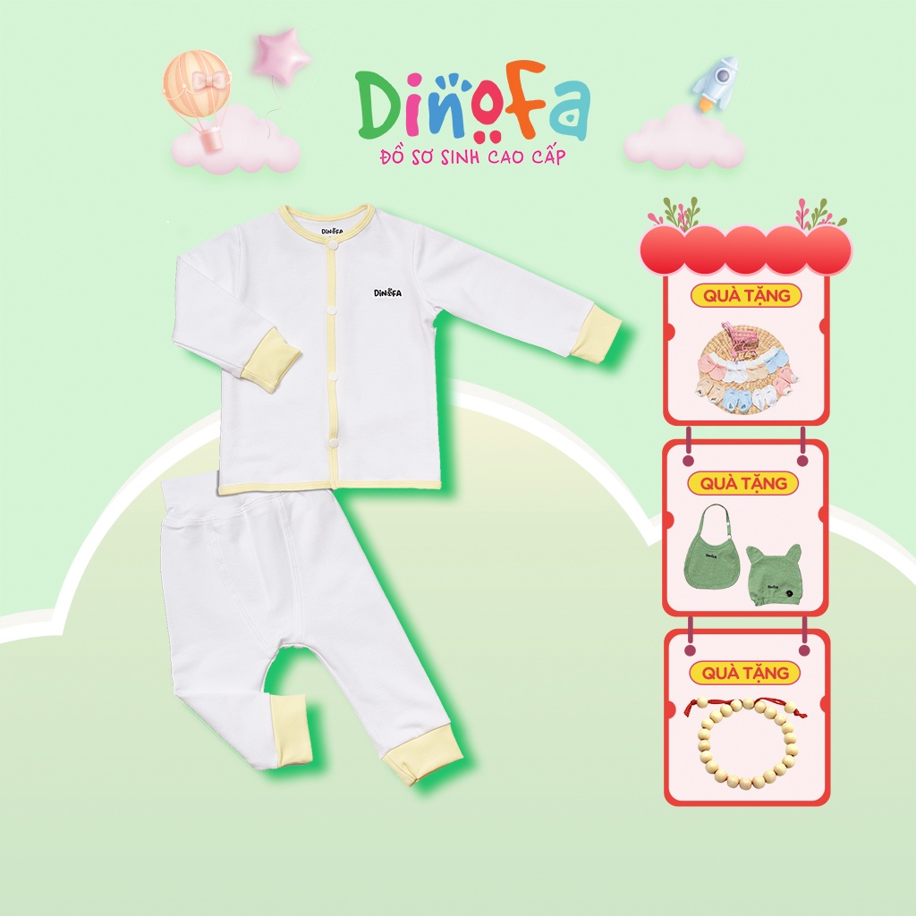 Set quần áo sơ sinh DINOFA thiết kế cúc thẳng, màu trắng viền vàng, chất liệu co giãn tốt