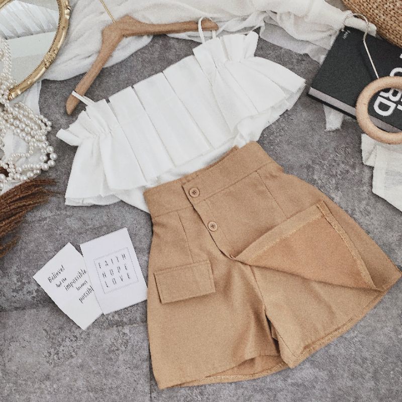 Hình Thật - Set Áo Dây Trễ Vai + Quần Giả Váy