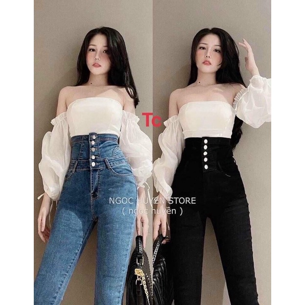 [Mã FAMARAL1 giảm 10K đơn 50K] Quần bò cạp cao 5 cúc đan dây sau TC6