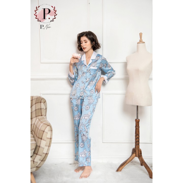 Bộ lụa Satin họa tiết cổ vest P.noir TĐ1908