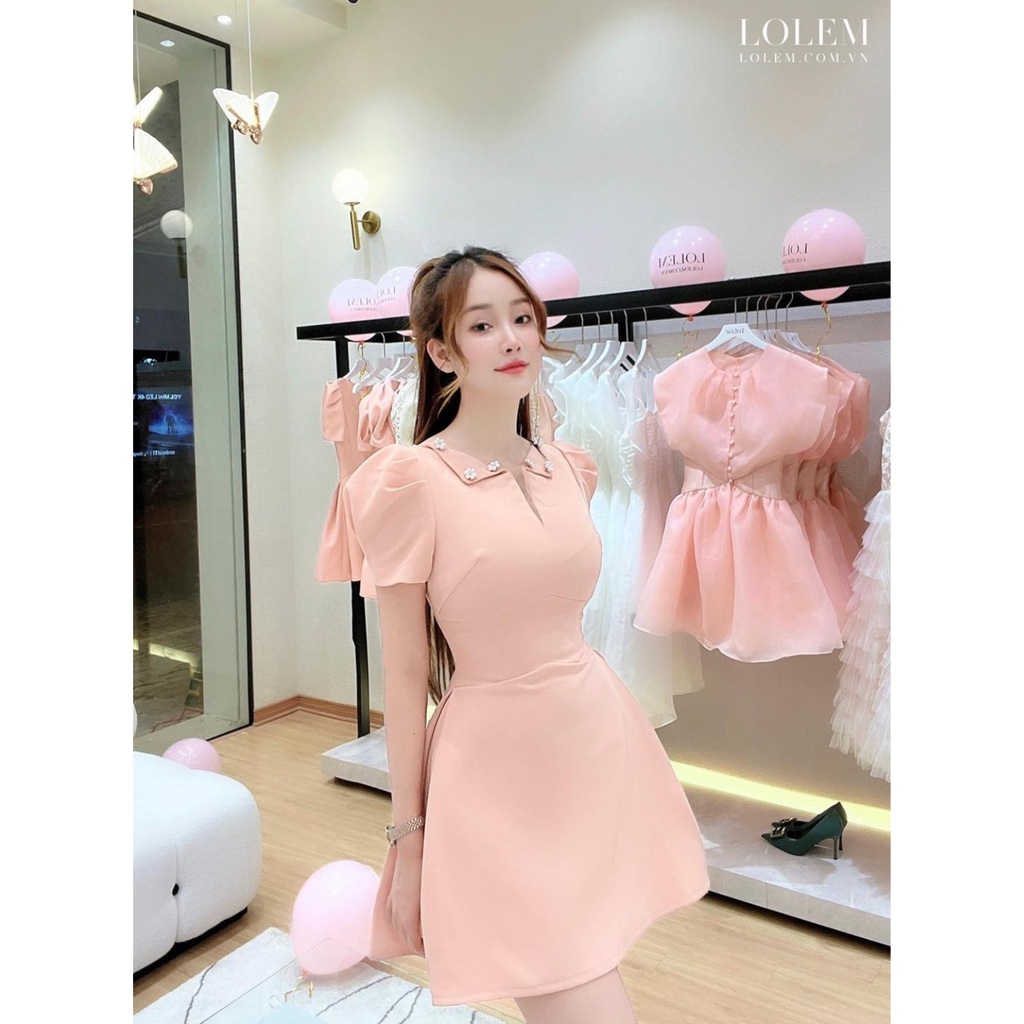 Đầm thiết kế LOLEM DX341 dáng xòe cổ chữ V vải gạo Mỹ cao cấp