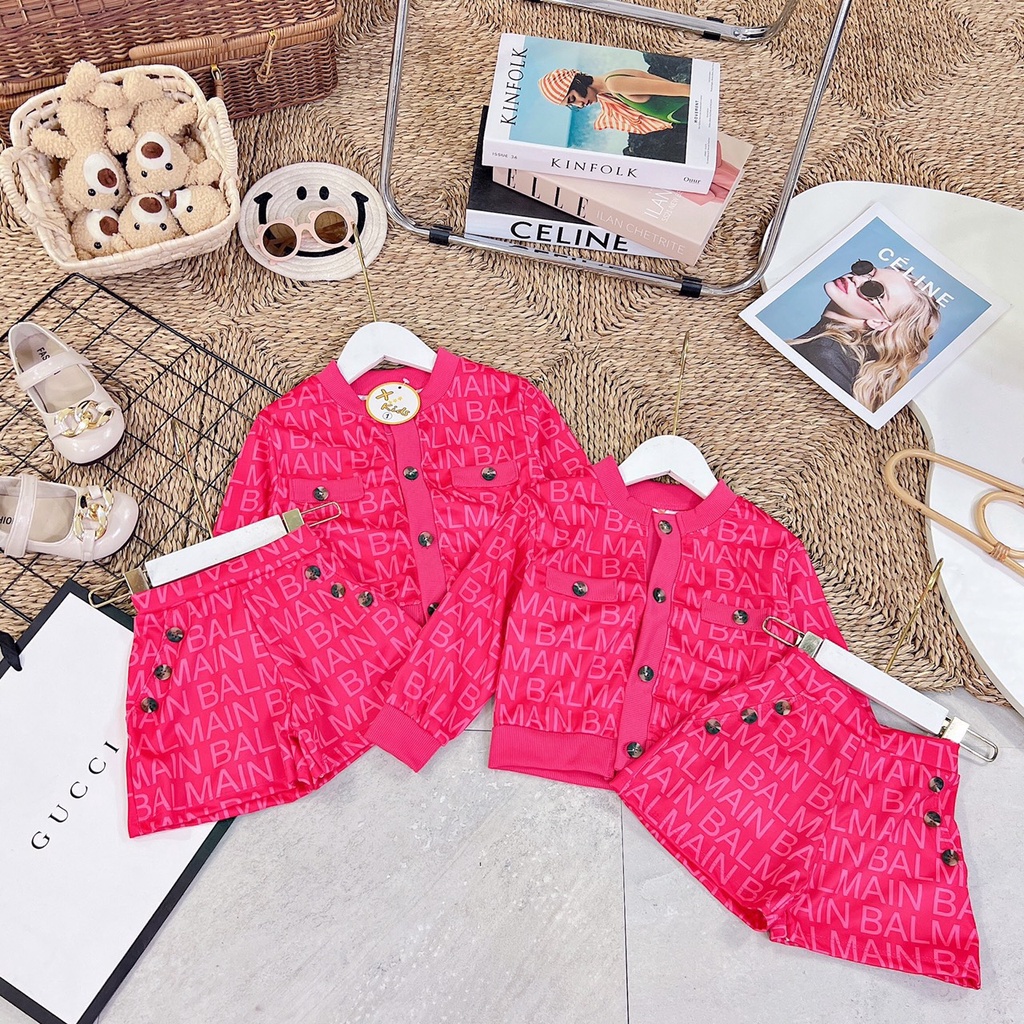 Set bé gái mầu hồng sen áo bo và quần đùi đính cúc XHN1061