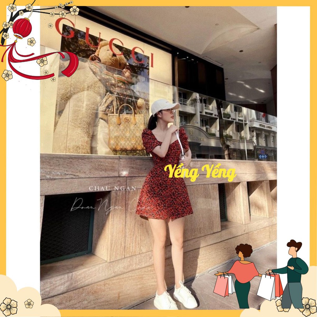 [Mã SKAMA06 giảm 8% tối đa 50K đơn 250K] VNU329 - VÁY HOA HỒNG DÚM NGỰC PHỐI CÚC