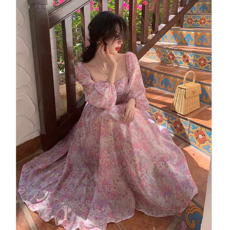 Đầm Dài Cổ Vuông Họa Tiết Hoa Phong Cách Retro