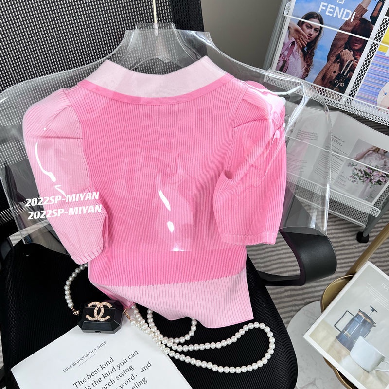 Áo kiểu sweater cổ polo tay ngắn phồng màu hồng kiểu mùa hè 2022 cho nữ