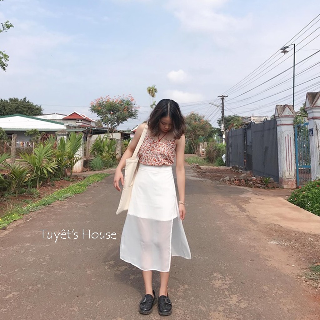 CHÂN VÁY MIDI NGẮN PHỐI VOAN XẺ TÀ E14-1