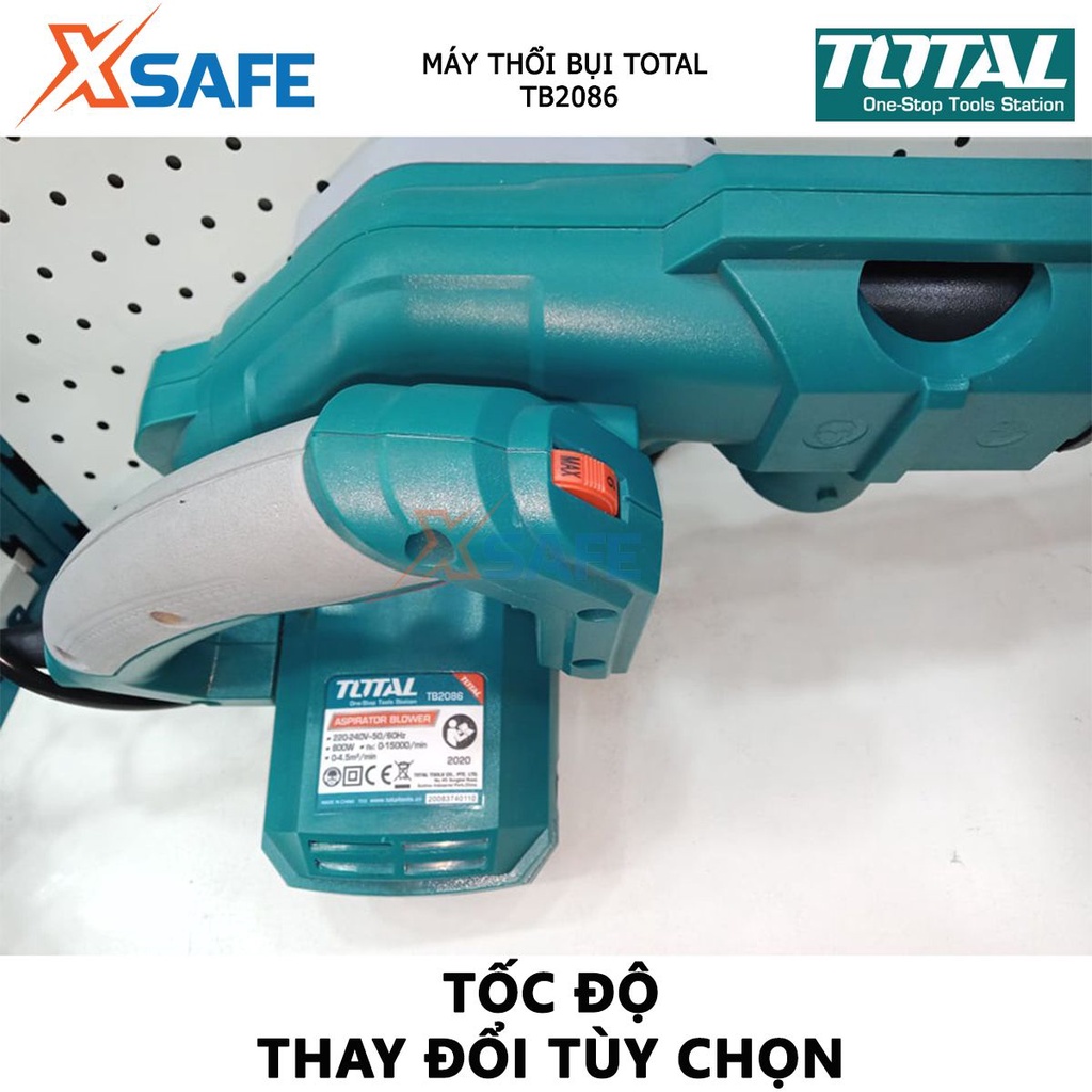 Máy thổi bụi TOTAL TB2086 Máy thổi công suất 800W, tốc độ không tải 0-15000rpm, kèm 1 túi chứa bụi, 1 ống và 2 vòi hút