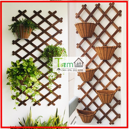 Combo giàn gỗ xếp gọn và 3 chậu treo xơ dừa chịu mưa nắng trang trí ban công sân vườn