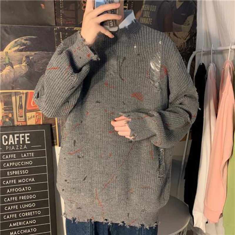 Áo Sweater Cổ Tròn Dáng Rộng Phối Rách Plus Fat Thời Trang Mùa Thu Đông Theo Phong Cách Nhật Bản Dành Cho Nam
