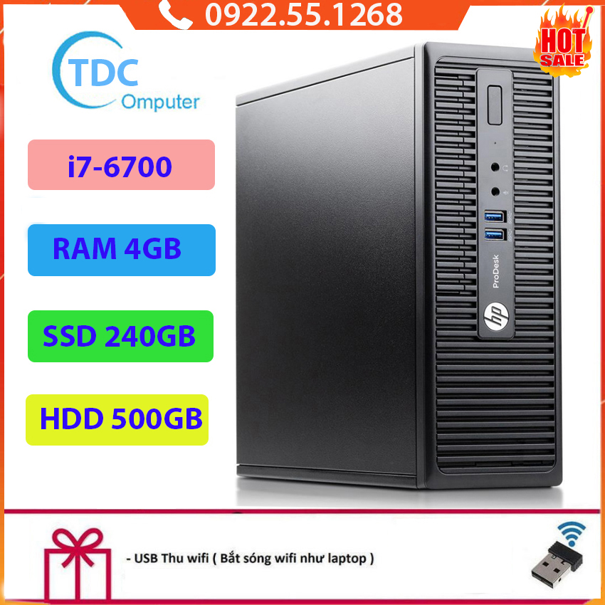 Case máy tính đồng bộ HP ProDesk 400G3 SFF, cpu core i7-6700, ram 4GB, SSD 240GB,HDD 500GB Tặng USB thu Wifi