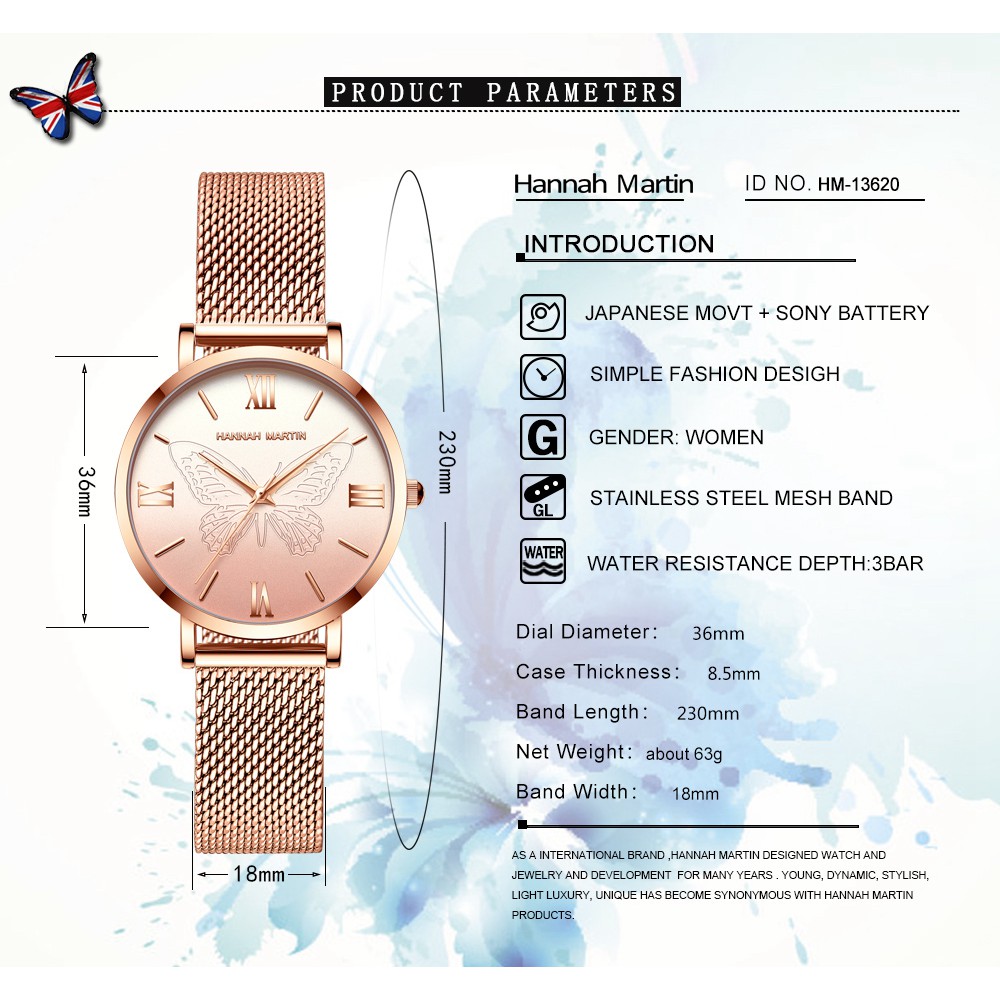 Đồng hồ nữ HANNAH MARTIN chính hãng - Model HM-13620 - dây thép không gỉ - bảo hà | BigBuy360 - bigbuy360.vn