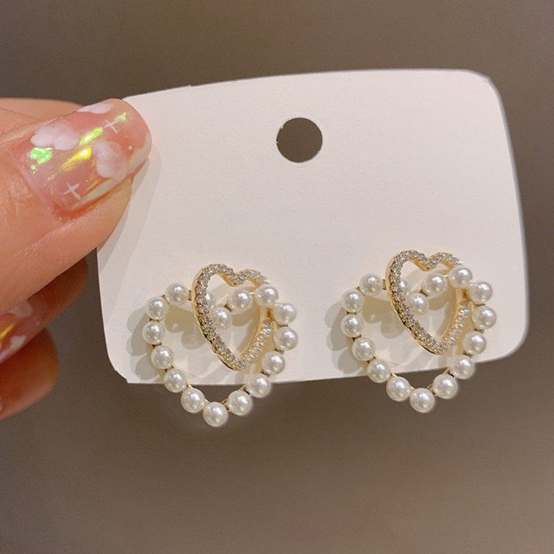 Bông tai mạ bạc 925 hình trái tim đôi đính kim cương ngọc trai giả kiểu Hàn Quốc F028