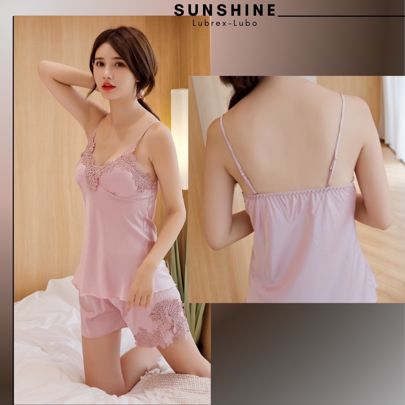 Bộ Đồ Ngủ Nữ Lụa Mặc Nhà Pijama Áo 2 dây  quần cộc có mút ngực dễ thương _SUNSHINE_BOCOCLUABONGHOA221