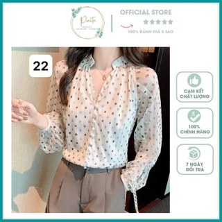 Áo sơ mi chiffon Hàn Quốc tay dài phồng phối ren họa tiết chấm bi