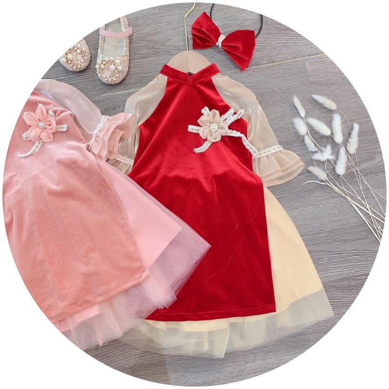 Áo dài nhung 2 màu hồng đỏ dành cho nữ