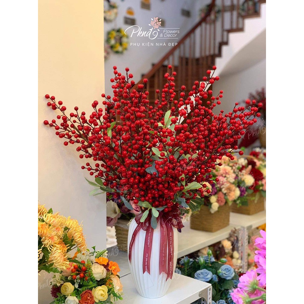 Bình hoa đào đông đỏ giả chất xốp PU cao cấp trang trí phòng khách đẹp PKND FLOWERS &amp; DECOR PKSH60