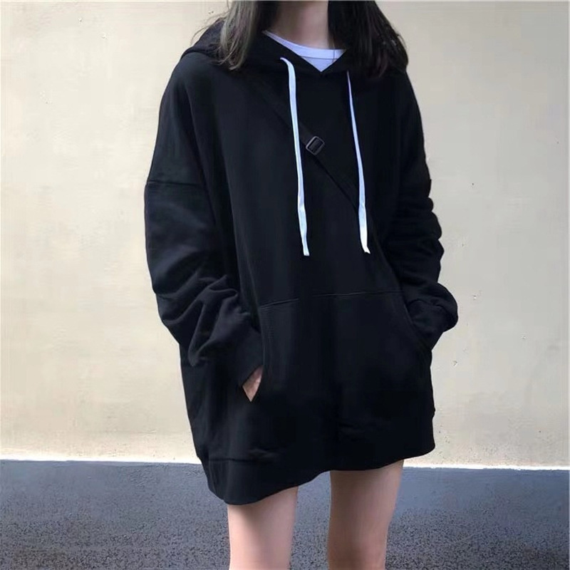 DUNEA Áo sweater dáng lửng rộng có mũ dài tay màu trơn thời trang Hàn Quốc cho nữ sinh