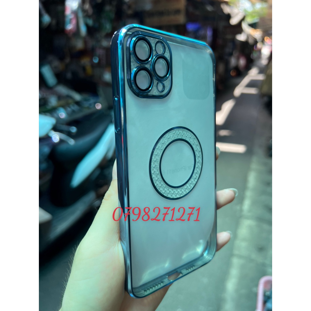 Ốp lưng dẻo trong viền vuông màu CÓ LỚP KÍNH bảo vệ Camera iPhone 11 12 13 pro max đính đá chìm
