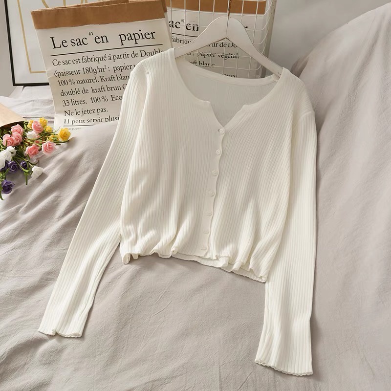 Áo cardigan khoác len nữ kiểu tay dài cổ V dệt kim len đũa xinh xắn phong Ccách Ulzzang Hàn Quốc trẻ trung