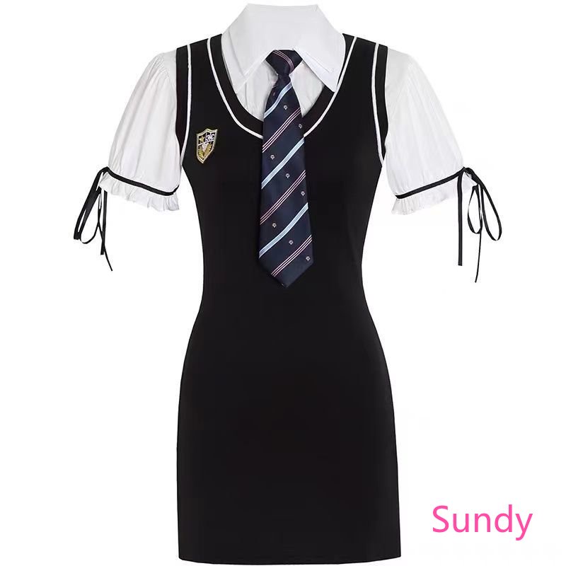 Đầm Sơ Mi Ngắn Tay Phối Cà Vạt Đen Thời Trang Xuân Thu Cho Nữ