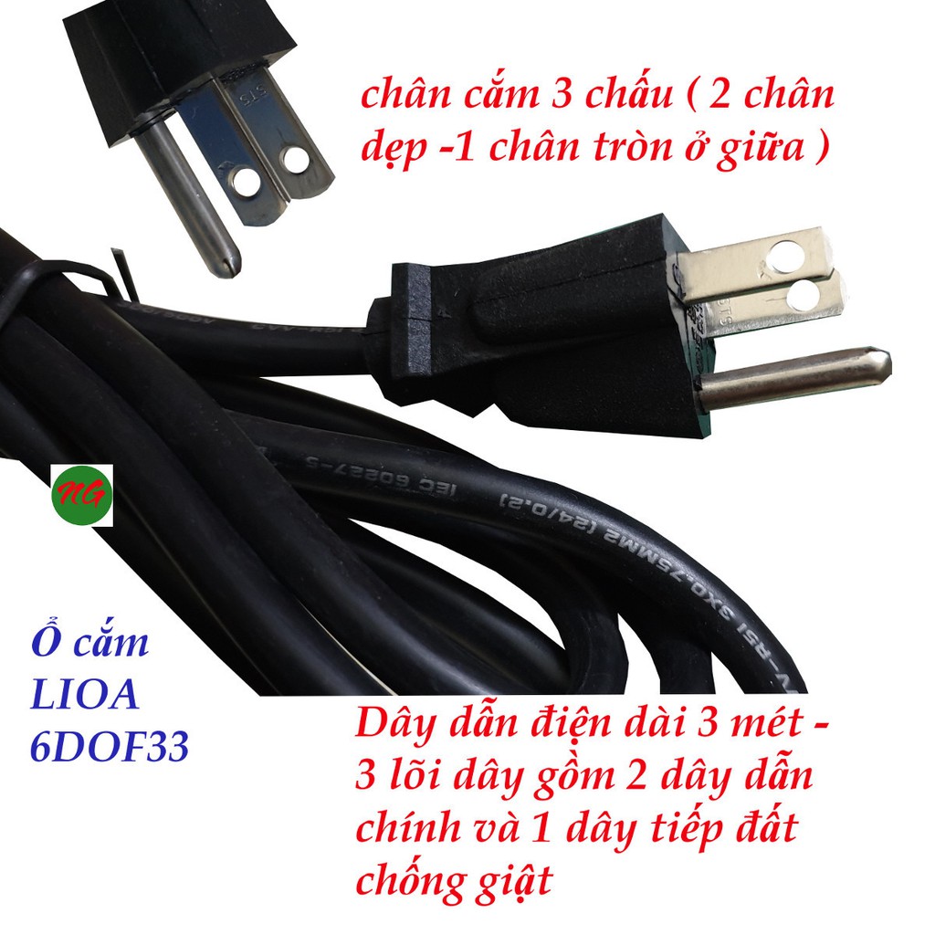 Ổ cắm điện 3 chấu có dây tiếp đất LIOA 6DOF33 - 6 ổ cắm 6 công tắc dây dài 3 mét phích cắm 3 chấu