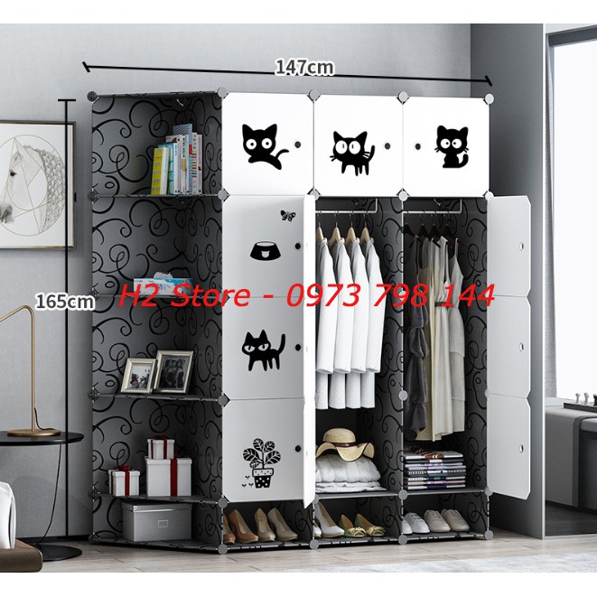 TỦ NHỰA LẮP GHÉP 16 Ô + 4 GIÀY (GỒM 5 KỆ GÓC) CỬA TRẮNG MÈO ĐEN ĐỂ ĐỒ ĐA NĂNG THÔNG MINH sâu 47cm