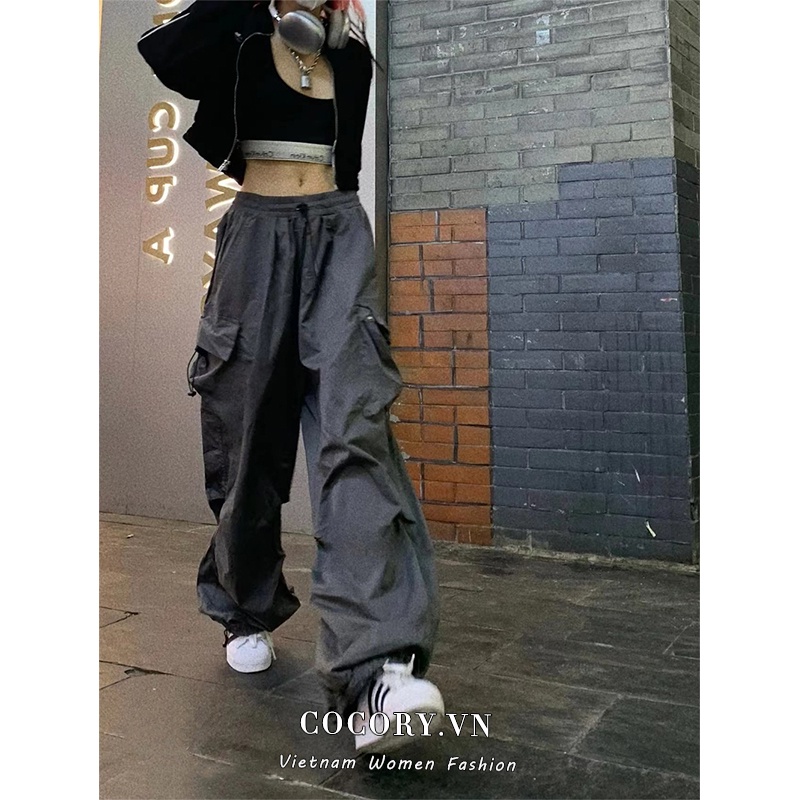 Cocory vn Quần Dài Lưng Cao Ống Rộng Phối Dây Rút Phong Cách Đường Phố Mỹ Cá Tính Cho Nữ