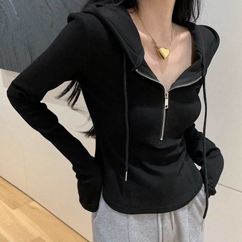 Áo thun tay dài có mũ trùm đầu / khóa kéo màu trơn thiết kế vạt không đều phong cách Hàn Quốc thường ngày dành cho nữ