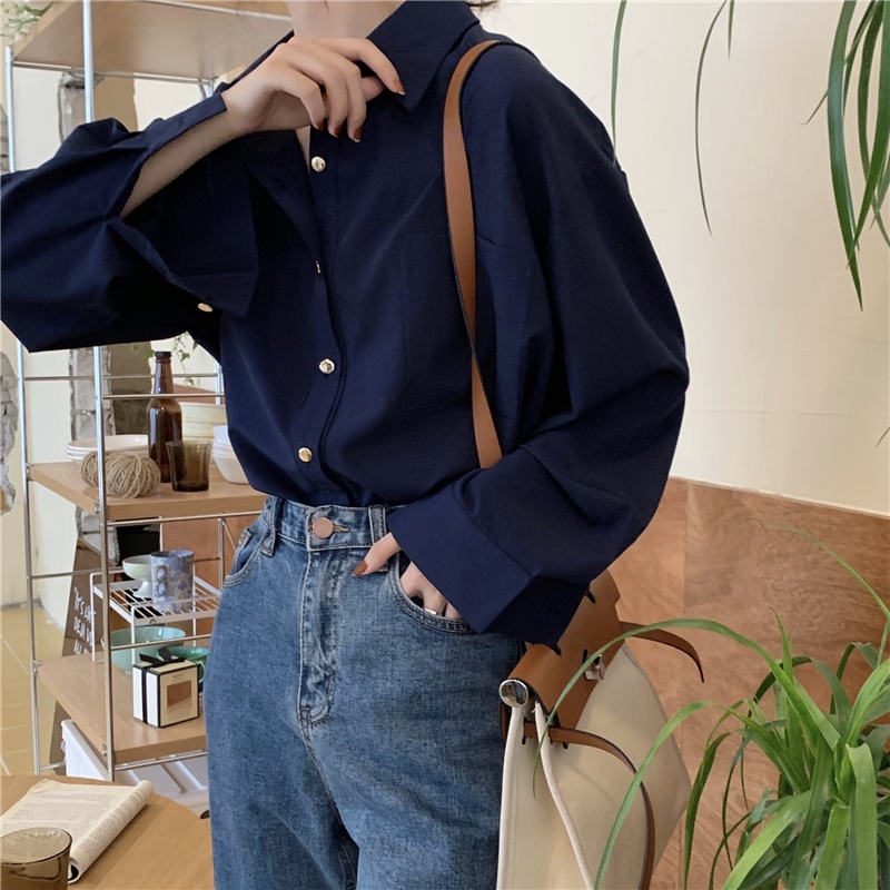 Áo Sơ Mi Dài Tay Phối Nút Kim Loại Phong Cách Retro 48870