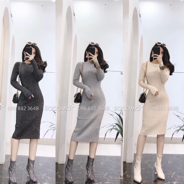 Đầm (váy) len tăm nhũ body cổ tròn (~110cm)