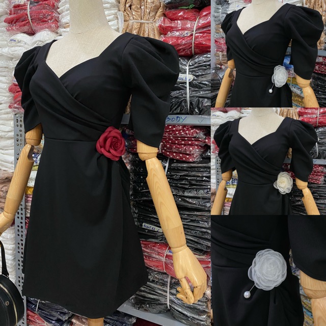 Đầm xoè cổ đắp chéo tay phồng 2 màu | BigBuy360 - bigbuy360.vn