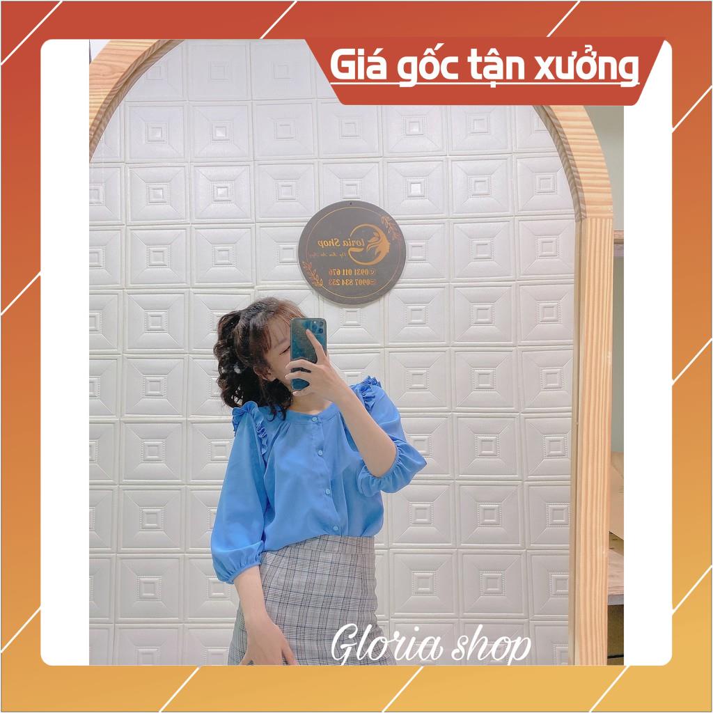 [Chất lượng số 1] Áo sơ mi công sở cổ tròn nhấn bèo vai tay lửng màu xanh thanh lịch thời trang Gloria shop | BigBuy360 - bigbuy360.vn