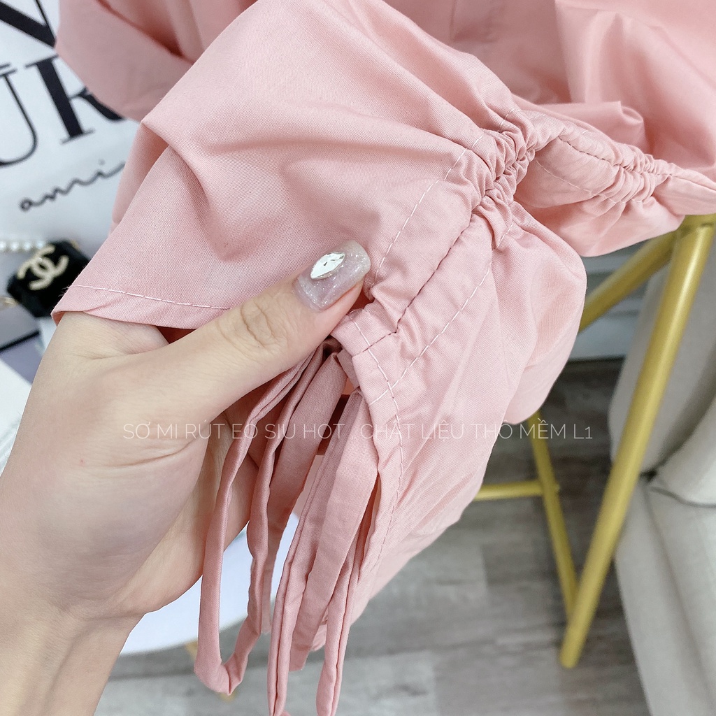 Áo sơ mi hồng rút eo cá tính áo sơ mi form rộng LD040